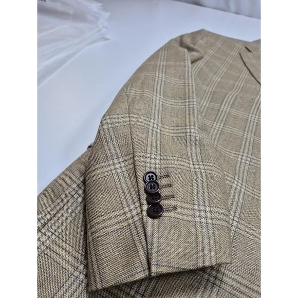 Roberto Zanieri Blazer Sport Coat Mens 44 Beige 100% Wool Plaid Made In Italy